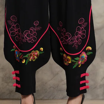 Mulheres Chinês Tradicional Bordado De Calças De Harém De 2017 Preto Grande Perna De Calça Esporte Cintura Elástica Calças De Linho Casual Outono Calças