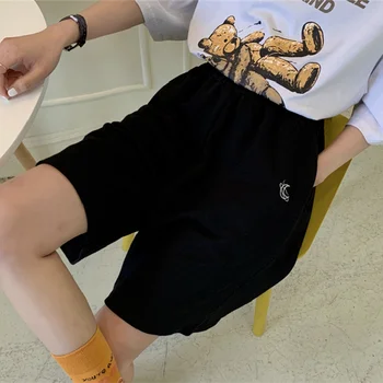 Shorts Mulheres Chiques Impresso Ampla Perna-Coreano De Alta Cintura Preto Simples Colegiais Curto, Rua De Verão Da Moda De Bolso De Senhora Ins