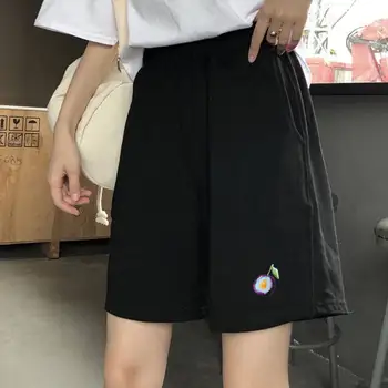 Shorts Mulheres Chiques Impresso Ampla Perna-Coreano De Alta Cintura Preto Simples Colegiais Curto, Rua De Verão Da Moda De Bolso De Senhora Ins