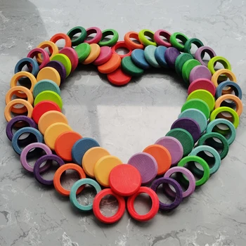 O mais novo de 12 cores do arco-íris série de Crianças Brinquedos de Madeira de Faia arco-íris Moedas e Anéis de Empilhamento de Blocos de Natureza Peças Soltas Criativos Brinquedos