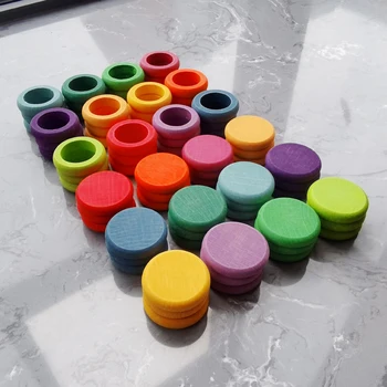 O mais novo de 12 cores do arco-íris série de Crianças Brinquedos de Madeira de Faia arco-íris Moedas e Anéis de Empilhamento de Blocos de Natureza Peças Soltas Criativos Brinquedos