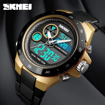 SKMEI 1429 Assistir Esportes Homens/Male Tempo Duplo Digital relógio de Pulso Duplo Visor de PU Correia 50M Impermeável Relógio Relógio Masculino