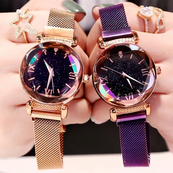 Luxo Rosa Relógio De Ouro Mulheres Relógios Diamond Ladies Céu Estrelado Ímã Relógio Impermeável Relógio De Pulso Feminino Para O Presente Relógio Relógio