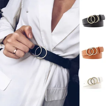 Moda Couro Cintura Para Calças De Brim De Anel Duplo Prateado Fivela De Cinto De Senhoras De Vestidos Negros Mulheres Brancas Correia Selvagem Cintura
