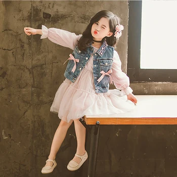 Meninas Conjunto de Roupas de Pérola Colete Jeans cor-de-Rosa de Manga Longa Vestido 2pcs Crianças se ajustar para a Menina Arco Criança Adolescentes Crianças Princesa Roupas