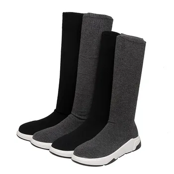 Tricô Meia Sobre as Botas de Joelho Para Mulheres Grossas Botas de Tecido Elástico coxa botas altas 2020 Inverno de Calçados Femininos 8501G