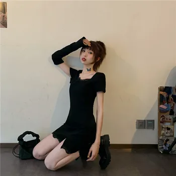O Coreano Verão A Nova Safra Vestido Preto Sexy Praça Gola De Laço Emenda De Manga Curta Vestido De Uma Linha Slim Dividir Vestido De Mulher Roupa