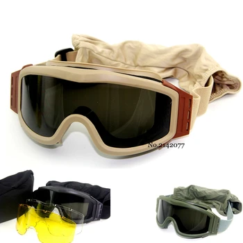 Militar de Airsoft Tático Óculos de proteção Óculos de Tiro Motocicleta Permeável Paintball CS Wargame Óculos 3 Lentes Preto Tan Verde