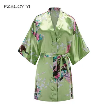 FZSLCYIYI Mini Verde de Verão Feminino Camisola Quimono Roupão de Rayon Pijamas Pavão&Floral Noiva, Dama de honra do Casamento de Vestido de Manto