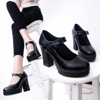 Mary Jane shoes desfile de salto alto grosso de calcanhar do modelo de sapatos de trabalho pretos grande tamanho de sapatos femininos único sapatos mulheres punps
