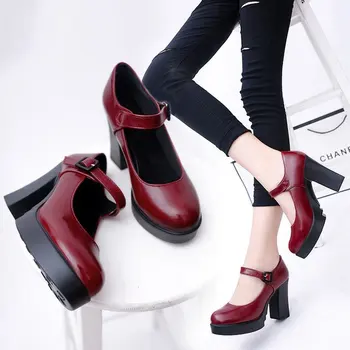 Mary Jane shoes desfile de salto alto grosso de calcanhar do modelo de sapatos de trabalho pretos grande tamanho de sapatos femininos único sapatos mulheres punps
