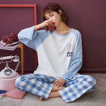 2020 Mulheres de Outono, Primavera Conjunto de Pijama de Algodão Estilo coreano Plus Size Feminino Homewear Solta o Pescoço de Manga Longa Casual Sleepwear