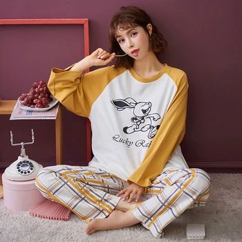 2020 Mulheres de Outono, Primavera Conjunto de Pijama de Algodão Estilo coreano Plus Size Feminino Homewear Solta o Pescoço de Manga Longa Casual Sleepwear