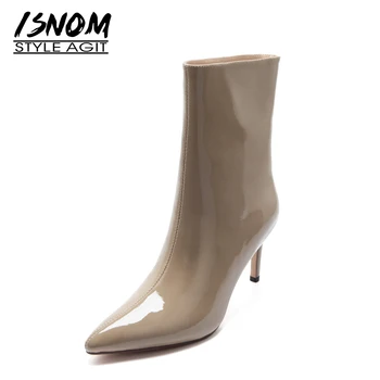 ISNOM Mulheres de Couro Genuíno Ankle Boots Nova Chegada de Mulheres Estiletes Pontiagudo Dedo do pé Escorregar No Curto Botas Outono Inverno Botas de 2020