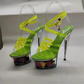 Sapatos de Mulher Nova 2021 Verão salto 15cm Alto Fino Salto Rose Flores de Cristal Transparente Gladiator Sandals feminina Stiletto