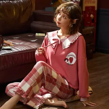 Pijama Conjuntos Mulheres Cartoon-impresso Kawaii Princesa de Peter pan Collar de estilo Japonês, Sweety Meninas de Pijama Conjunto Homwear forma bonita