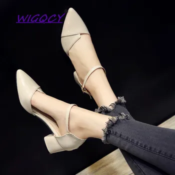 Apontou Dedo do pé Quadrado calcanhar Salto Alto sandálias das mulheres 2019 Outono Verão de sapatos de mulher Moda Estudantes de Retalhos de senhoras sapatos femininos
