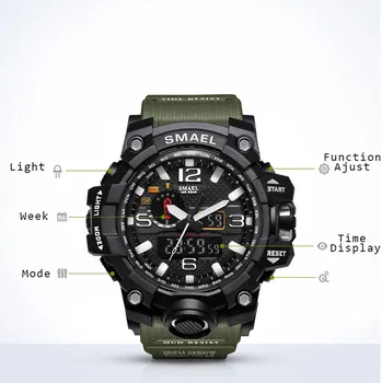 SMAEL Homens Relógio Eletrônico de Relógio Digital LED Relógio de Quartzo Impermeável gel de Sílica da Banda Militar do Esporte relógio de Pulso Relógio Masculino