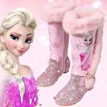 Crianças 2020 Inverno Disney Elsa Príncipes Botas Quentes Longas Botas De Meninas Meados De Calcanhar Lantejoulas Botas De Neve Congelada Cor-De-Rosa Azul Botas