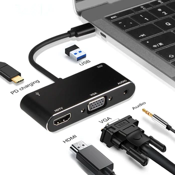 USB C compatíveis com HDMI, VGA Adaptador Usb C Hub Para Usb3.0 Usb C de Carga de 3,5 mm Cabo de Múltiplas Conversor para Macbook Pro Huawei Mate20