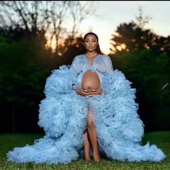 Muito Exuberante Céu Azul Tulle Vestidos De Maternidade 2020 Babados Em Camadas De Tule De Baile, Vestidos De Mangas Compridas Chuveiro De Bebê Vestidos Vestido