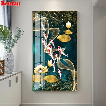 Imagem 3d de strass mosaico Nove Peixes Koi Lotus pintura de parede de sala de estar, decoração do conjunto completo de bordado de diamantes rodada