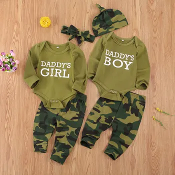 0-12M bebê recém-nascido criança meninas meninos casual terno de roupa verde do exército de manga longa romper do top + camuflagem calças 2pcs roupa