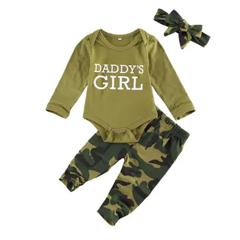 0-12M bebê recém-nascido criança meninas meninos casual terno de roupa verde do exército de manga longa romper do top + camuflagem calças 2pcs roupa