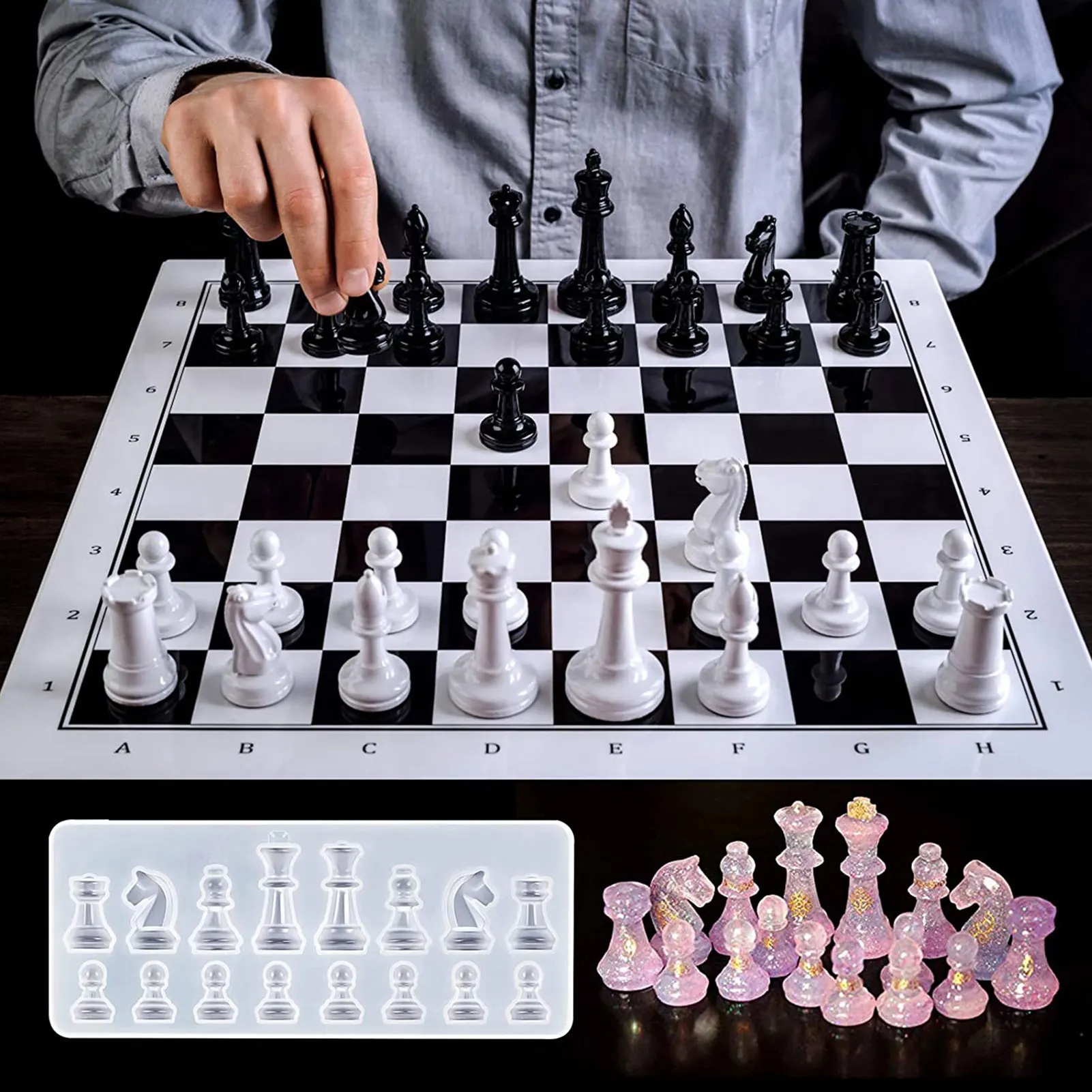 18 peças/conjunto de tabuleiro de xadrez molde de silicone 3D xadrez  cristal epóxi molde de fundição para festa familiar jogos de tabuleiro  decoração de casa peça de xadrez moldes de silicone para